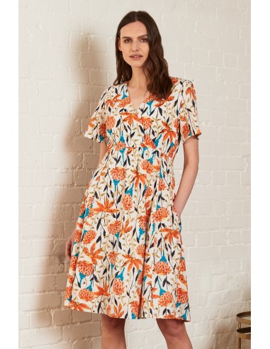 Robe blanche motif floral orange en voile de coton de France